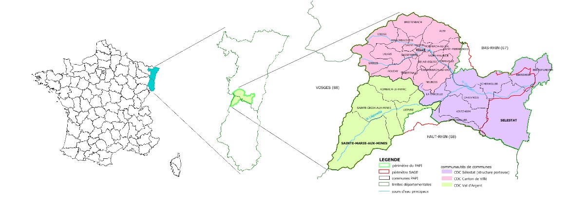 Le périmètre d'action des P.A.P.I dans les bassins versants de Giessen et Lièpvrette 
